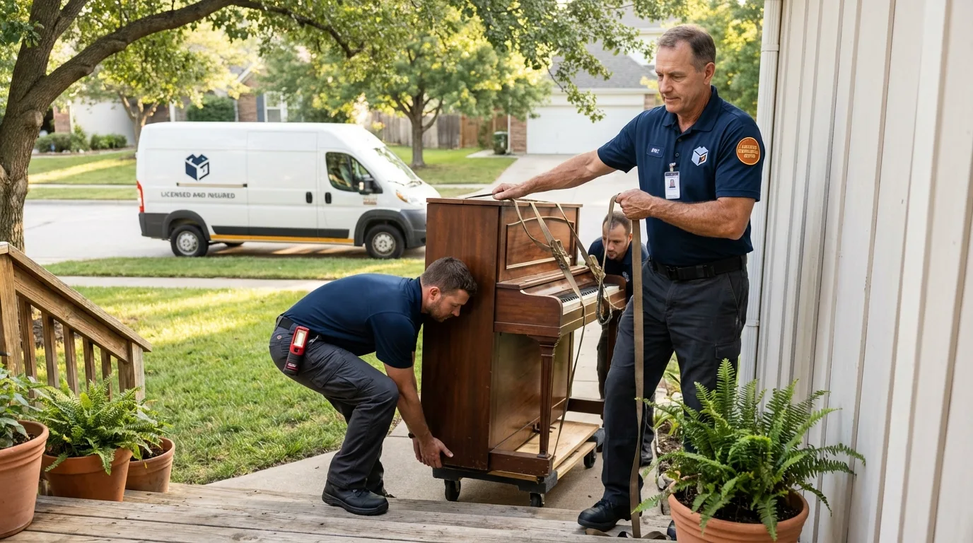 Licensed piano movers securing grand piano in Eastville, VA