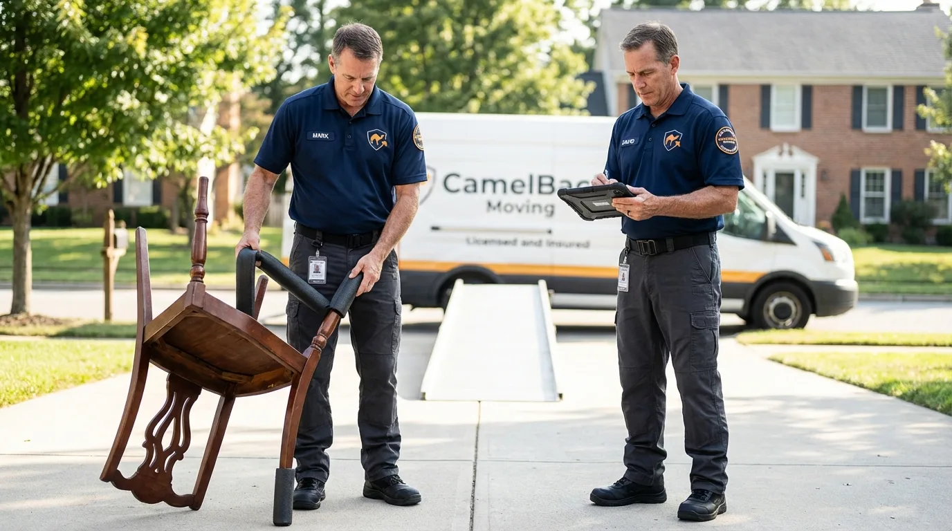 Movers inspecting furniture for damage prevention before loading in Eastville, VA