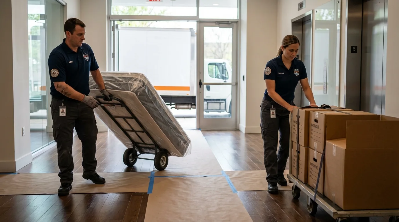 Professional apartment movers loading elevator in Eastville, VA